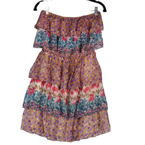 MM Couture Mini Dress Women Size S Multi Floral 100% Silk Off Shoulder Boho